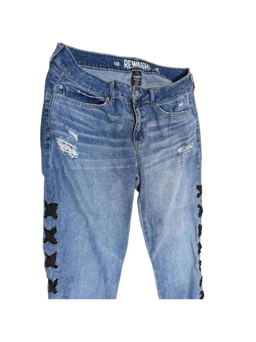 Rewash Women's Blue Ribbon Lace-Up Side Straight Distressed Jeans Size 15R